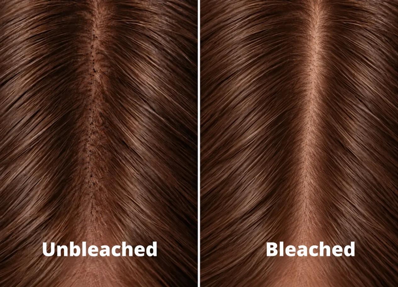 Side-by-side parting comparison: unbleached knots on the left, bleached knots on the right