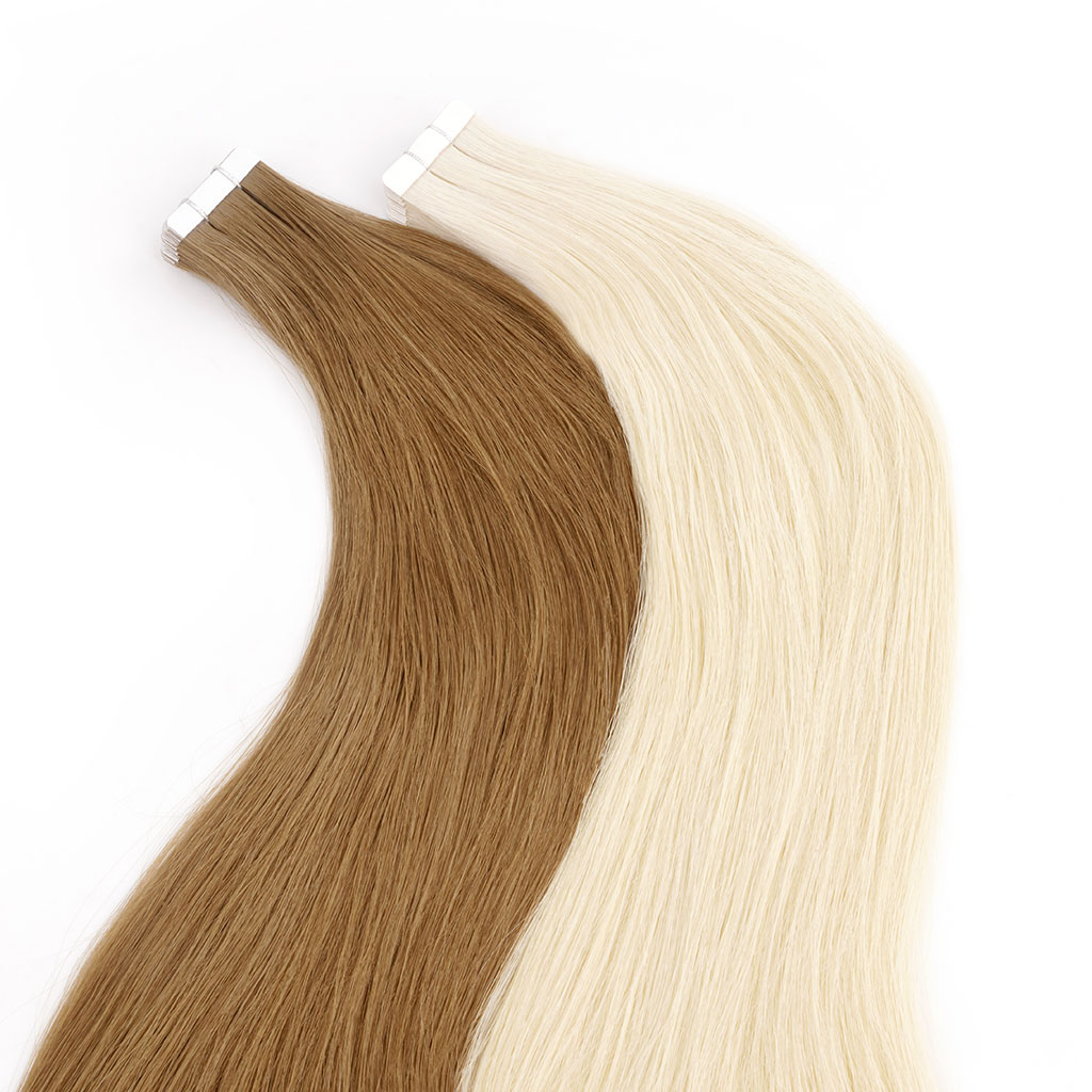 Two bunches of TAPE IN Extensions human hair in brown and platinum