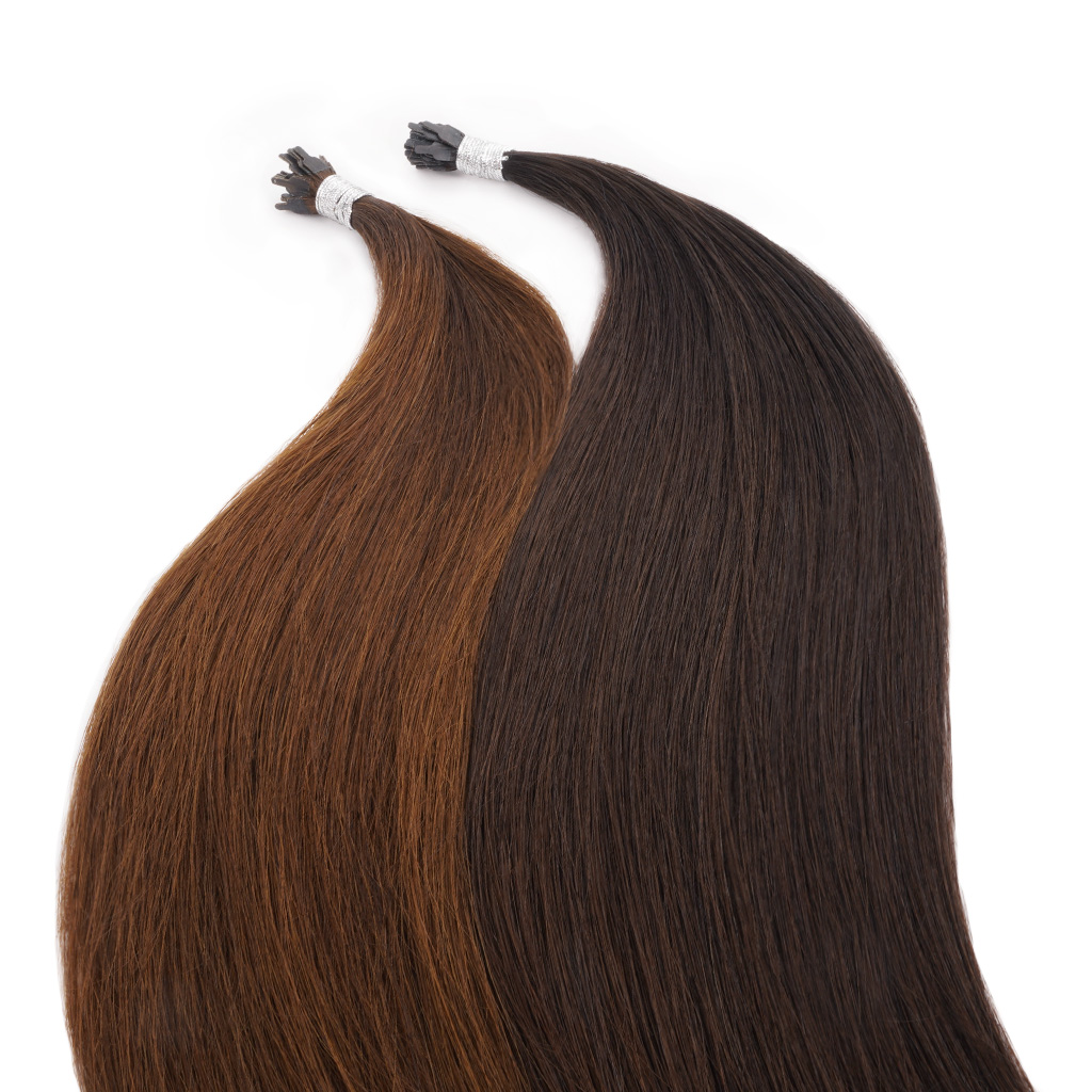 Two sets of Y TIP Hair Extensions in mocha brown and hazelnut colors